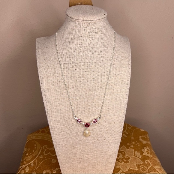 SILVER ROSE PEARL ACCENT NECKLACE WEDDING EVENT FORMAL PINK FLORAL - Picture 7 of 7